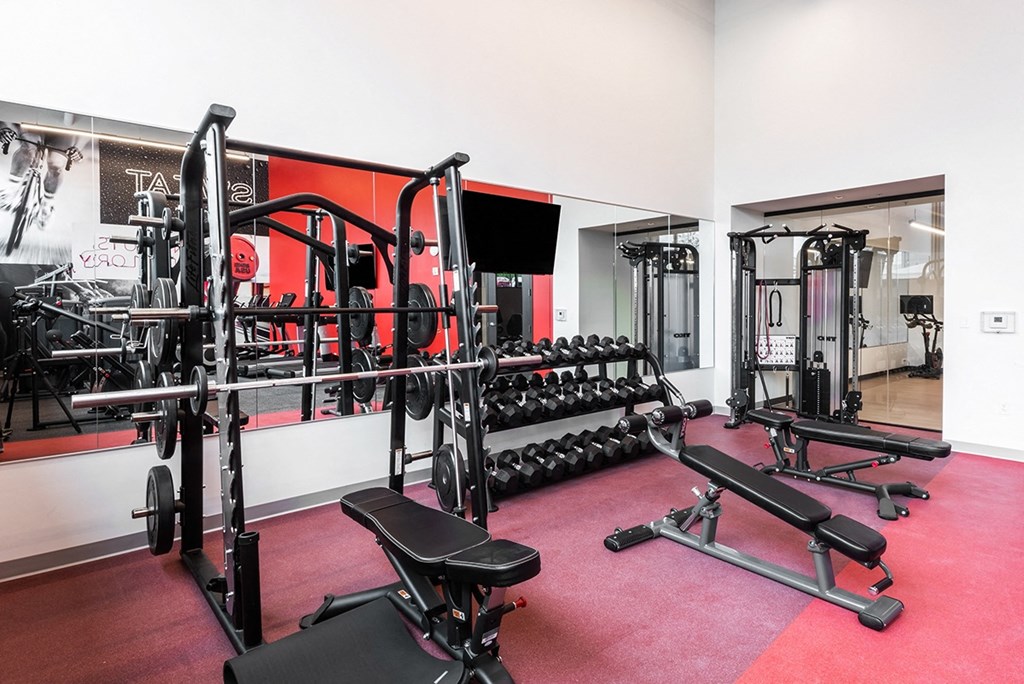 fitness center with free weights at Steelcote Square, St. Louis, Missouri