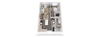 a 3d floor plan of a 1 bedroom apartmentat The Flats & Terraces at Wildhorse Village, Missouri, 63005
