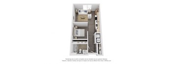 a 3d floor plan of a 1 bedroom apartment at The Flats & Terraces at Wildhorse Village, Chesterfield, MO