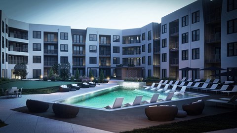 Rendering of a courtyard pool with seating and green space
