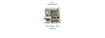 3D floor plan rendering one bedroom one bathroom at GrandView Flats and Townhomes Apartments, Granger, IN 46530
