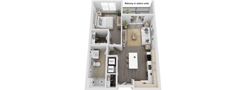 1 Bed 1 Bath Fox Floor Planat The Flats & Terraces at Wildhorse Village, Chesterfield, MO
