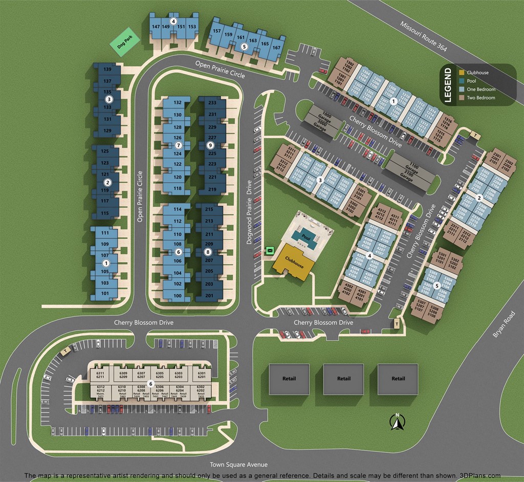 A map shows a layout of a town square avenue with streets, buildings, and parking lots.