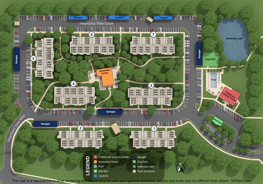 Rendering of Site Plan showing 7 Apartment Buildings, Detached Garage Buildings, Grass and Landscaping  at Heartland View Apartments, Wentzville, MO, 63385