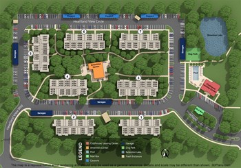 Rendering of Site Plan showing 7 Apartment Buildings, Detached Garage Buildings, Grass and Landscaping - Photo Gallery 6
