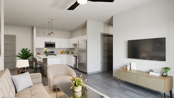 Living Room with Grey Wood Grain Vinyl Flooring, Ceiling Fan with Dark Wood Fan Blades, White Walls - Photo Gallery 3