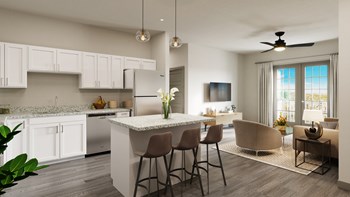 Apartment Kitchen with Custom White Cabinets, Stainless Steel Appliances, Light Quartz Counters, Grey Wood Grain Vinyl Flooring - Photo Gallery 2