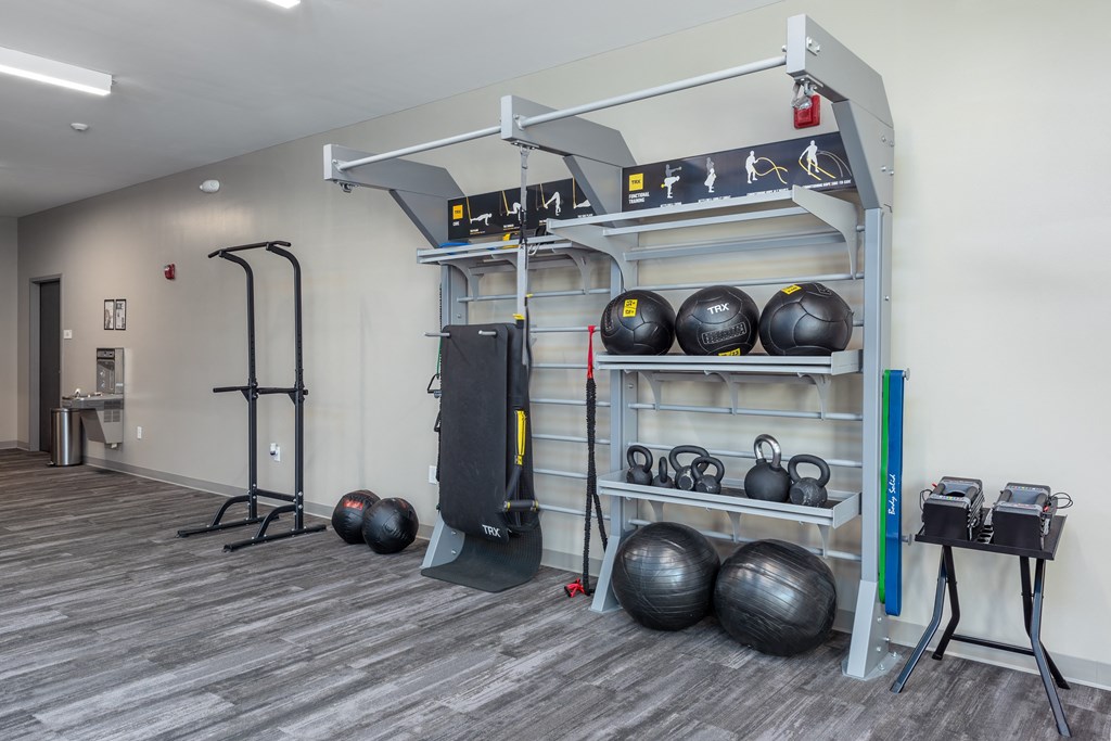 Hibernia fitness center with multipurpose fitness rack with medicine balls, kettlebells and ropes at Hibernia Apartments, St Louis, MO