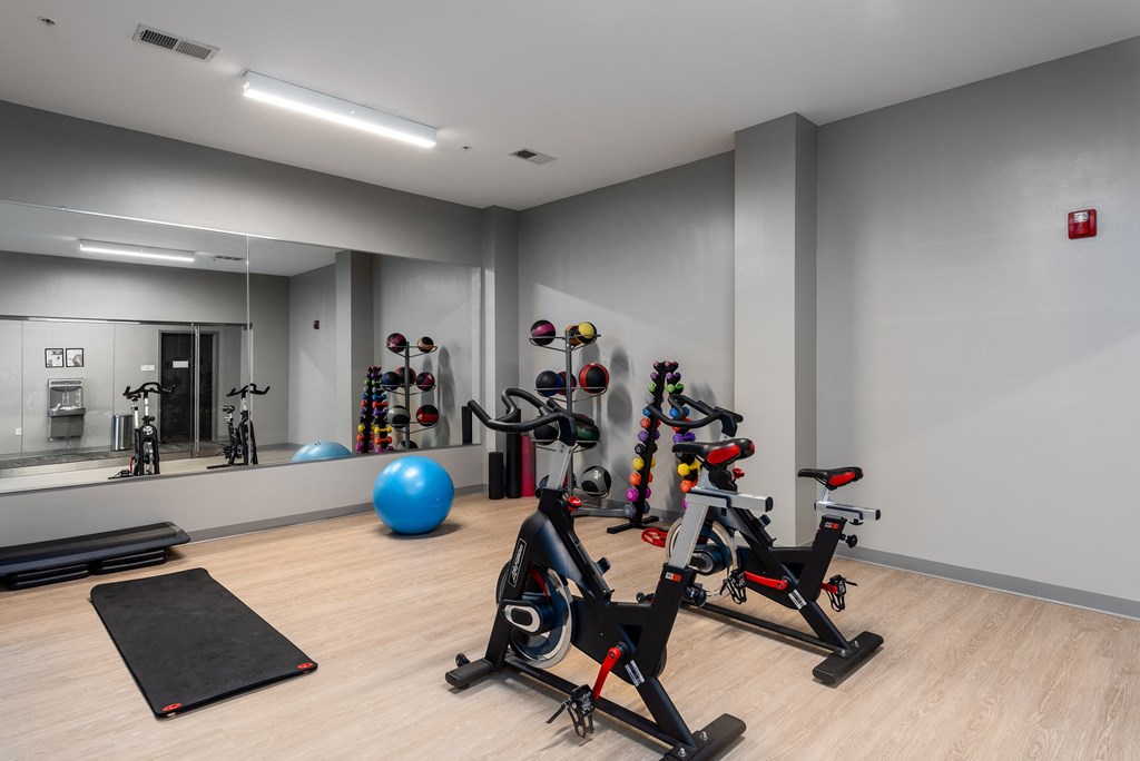 a gym filled with exercise equipment and a blue ball at Hibernia Apartments, St Louis, 63139