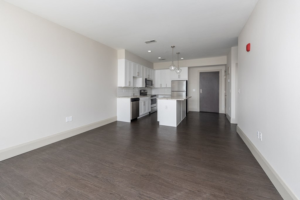 Hibernia living room with rich vinyl plank flooring opening to kitchen at Hibernia Apartments, St Louis, 63139