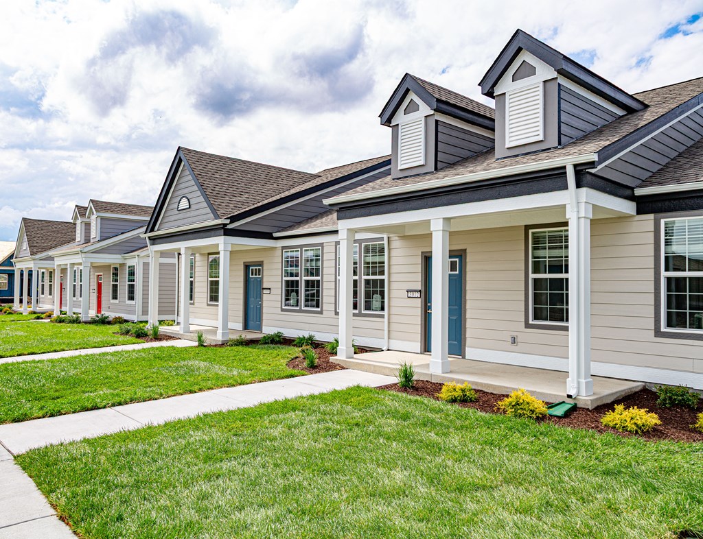 A row of houses with blue doors and windows.