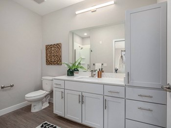 a bathroom with white cabinets and a white toilet - Photo Gallery 20