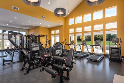 A gym with a variety of equipment including treadmills, weights, and exercise machines at Montage at Hawk Ridge Apartments, Lake St. Louis, 63367, Missouri