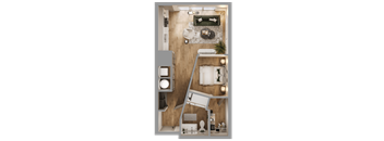 a rendering of a 1 bedroom floor plan with a bathroom and a living room