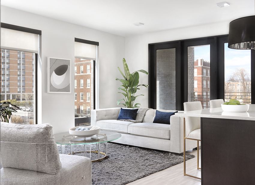 Euclid modern living room with large windows, sofa, and coffee table