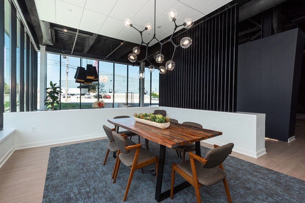 Lobby with stylish table and lighting Lobby with stylish table and lighting at Steelcote Square, St. Louis, MO, 63103