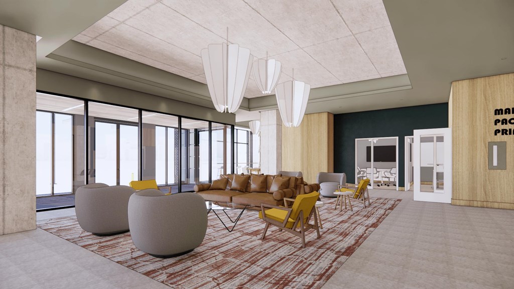 lobby rendering with designer lighting and conversational seating  at One Foundry Way, St. Louis, MO, 63110