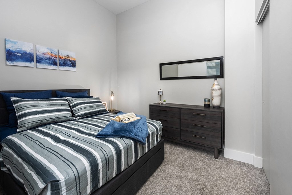 model bedrooms with carpeting, bed and dresser at The Residences at Delmar DivINe, St Louis, Missouri