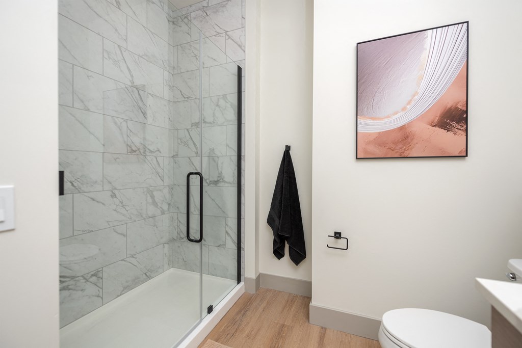 a bathroom with a shower and a toilet and a painting on the wall at Bemiston Place Apartments, Clayton, 63105