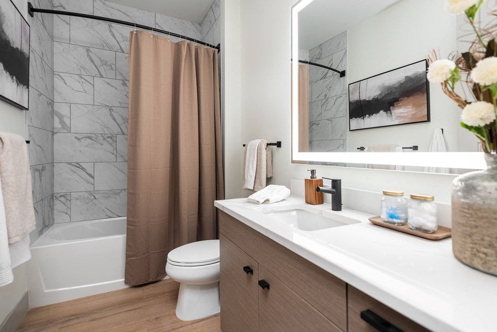 a bathroom with a sink and a toilet and a shower at Bemiston Place Apartments, Clayton, MO