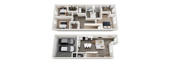 A top-down view of a two-story house with a living room, kitchen, and bedrooms.