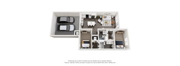 A 3D floor plan of a house with two bedrooms, a living room, a kitchen, and a garage.