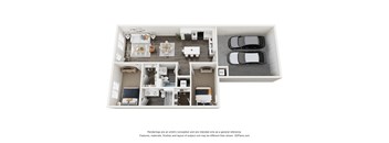 A 3D floor plan of a house with a living room, dining room, kitchen, and two bedrooms.