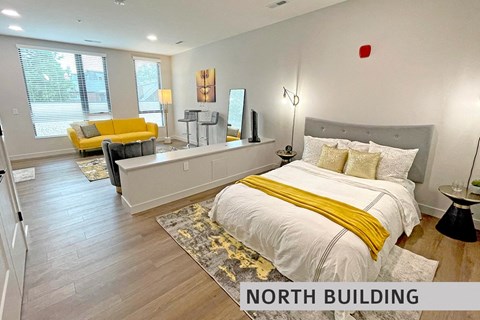 a bedroom with a bed and a couch
