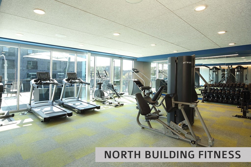 a spacious fitness room with cardio machines and weights  at Expo at Forest Park, St. Louis, MO