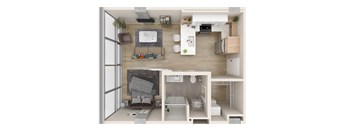 a floor plan of a studio apartment with a bedroom and a living room  at One Foundry Way, St. Louis, 63110