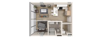 a floor plan of a studio apartment with a bedroom and a living room  at One Foundry Way, Missouri, 63110