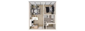 a stylized floor plan with a bedroom and a living room  at One Foundry Way, St. Louis, MO, 63110