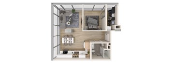 a stylized floor plan of a 1 bedroom apartment  at One Foundry Way, St. Louis, MO