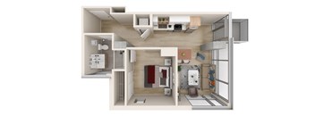 a stylized floor plan of a 1 bedroom apartment  at One Foundry Way, St. Louis, Missouri