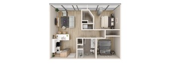 a stylized floor plan of a 1 bedroom apartment with a wheelchair  at One Foundry Way, St. Louis, 63110