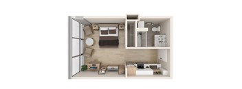 a bedroom floor plan with a bedroom and a living room  at One Foundry Way, St. Louis, MO
