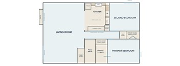 A floor plan of a home with a living room, kitchen, two bedrooms, and a bathroom.