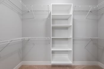 Empty white shelves in a room.