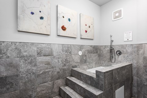 Three paintings of dogs are on the wall above a bathroom sink.