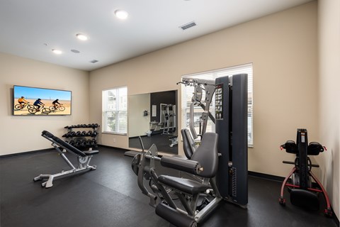 A gym with a variety of equipment including a rowing machine, a leg press machine, and a bench press.