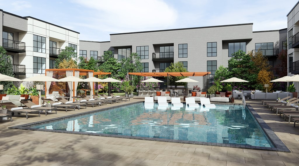Resort-Style Interior Courtyard with Pool, Cabanas, Bocce Ball, Putting Greens, Fire Tables, and Outdoor Kitchen