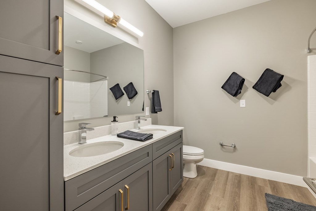 A bathroom with a sink, toilet, and mirror.at Preserve at Sycamore Creek, Missouri 65065
