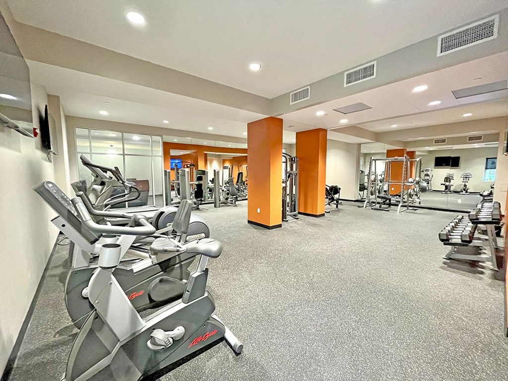 large fitness center with exercise equipment at The Residences at Delmar DivINe, St Louis, MO, 63112