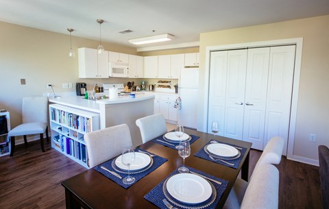 A dining table set with plates and glasses is in the foreground of a kitchen and living room.
