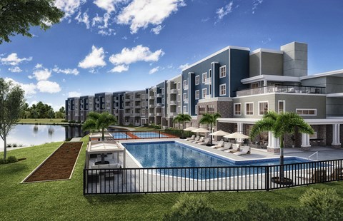 Exterior rendering of The Oasis at Hartman Lakes with pool, cabanas, bocce ball court and pickleball court