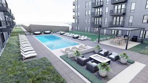 a rendering of an apartment building with a swimming pool