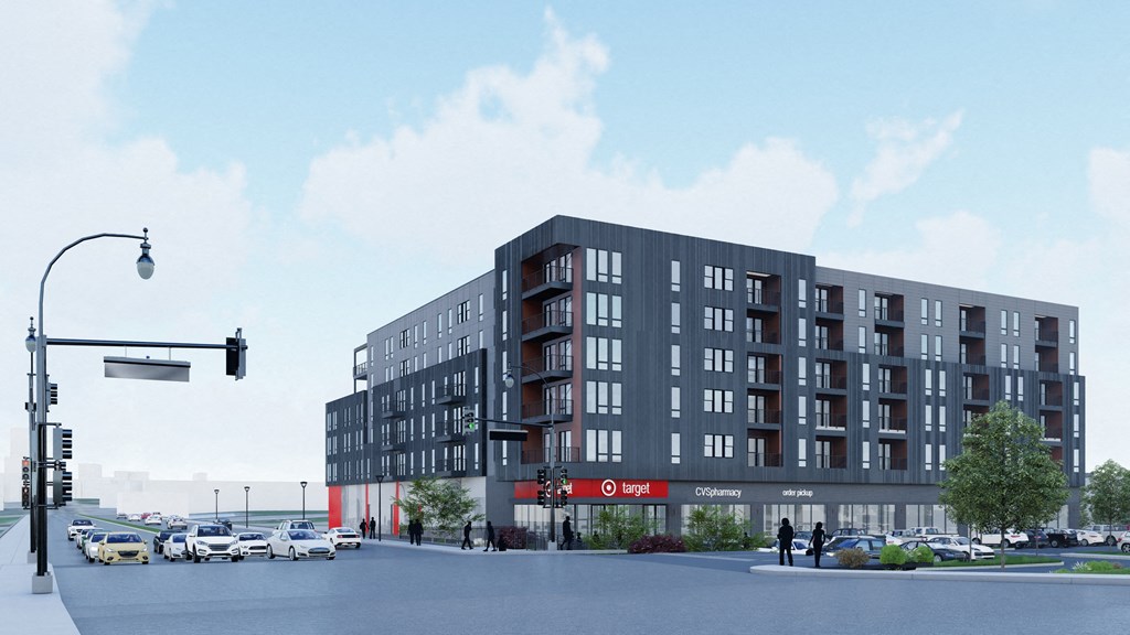 a rendering of an apartment building on a city street