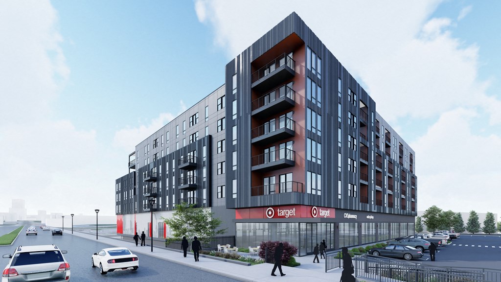 a rendering of a large apartment building on a city street