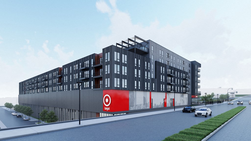 a rendering of an apartment building with a red and white facade