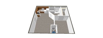 A 3D floor plan of a house with a kitchen, living room, and two bedrooms.